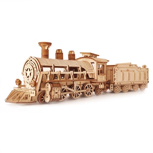 Suerte 3D Wooden Train Puzzles for Adult Vehicle Building Kits Model to Build DIY Assembly Mechanical Puzzles Wood Train Building Set Gift for Men Teens Boy