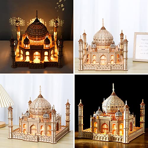 3D Wooden Puzzle for Adults. Taj Mahal Wood Model with Led Light. Self-Assembly Mechanical Building Kit Handicraft Brain Teaser Game Hobbies Toy. Birthday Gift for Women Men. Home Decor. 388 Pieces