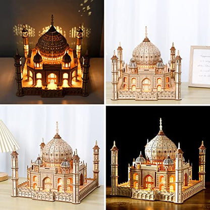 3D Wooden Puzzle for Adults. Taj Mahal Wood Model with Led Light. Self-Assembly Mechanical Building Kit Handicraft Brain Teaser Game Hobbies Toy. Birthday Gift for Women Men. Home Decor. 388 Pieces