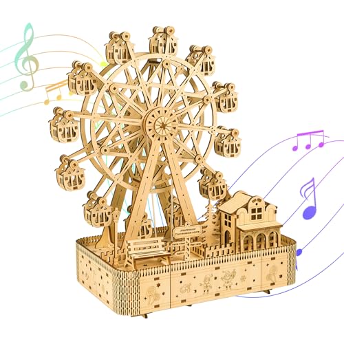 3D Wooden Puzzle Upgraded Ferris Wheels Music Box Model LED Light DIY Crafts Kits Home Decoration Brain Teaser Valentine's Day Birthday Gift for Adults & Kids (Ferris Wheel LG)