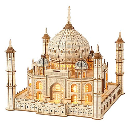 3D Wooden Puzzle for Adults. Taj Mahal Wood Model with Led Light. Self-Assembly Mechanical Building Kit Handicraft Brain Teaser Game Hobbies Toy. Birthday Gift for Women Men. Home Decor. 388 Pieces