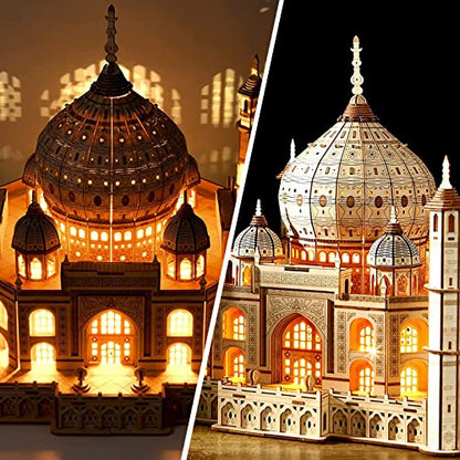 3D Wooden Puzzle for Adults. Taj Mahal Wood Model with Led Light. Self-Assembly Mechanical Building Kit Handicraft Brain Teaser Game Hobbies Toy. Birthday Gift for Women Men. Home Decor. 388 Pieces