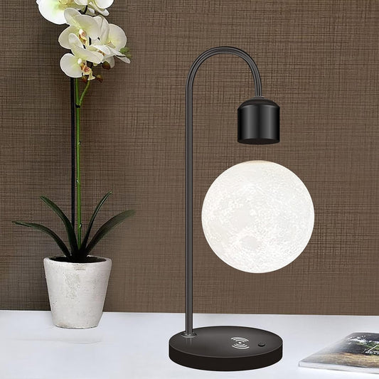 Unique Modern Levitating Moon Lamp with Built-in Qi Wireless Charger. Simplistic and Innovative Design. Warm Decorative LED Light for Home and Office (Black)