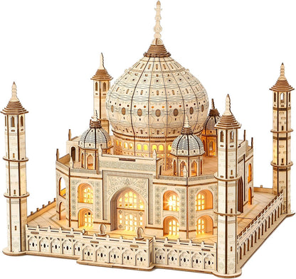 3D Wooden Puzzle for Adults. Taj Mahal Wood Model with Led Light. Self-Assembly Mechanical Building Kit Handicraft Brain Teaser Game Hobbies Toy. Birthday Gift for Women Men. Home Decor. 388 Pieces